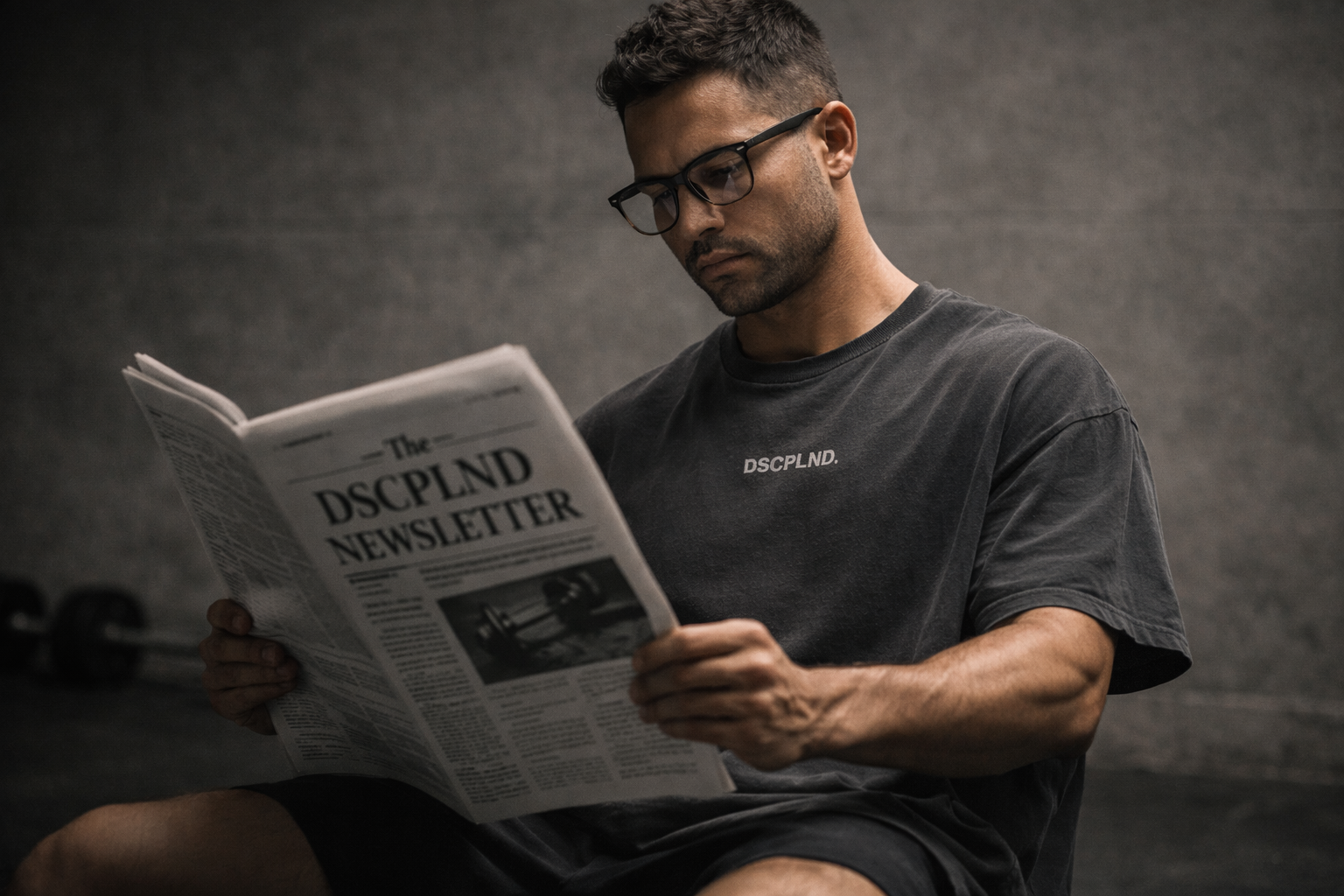 Man reading a newspaper titled 'The DSCPLND Newsletter' against a dark background